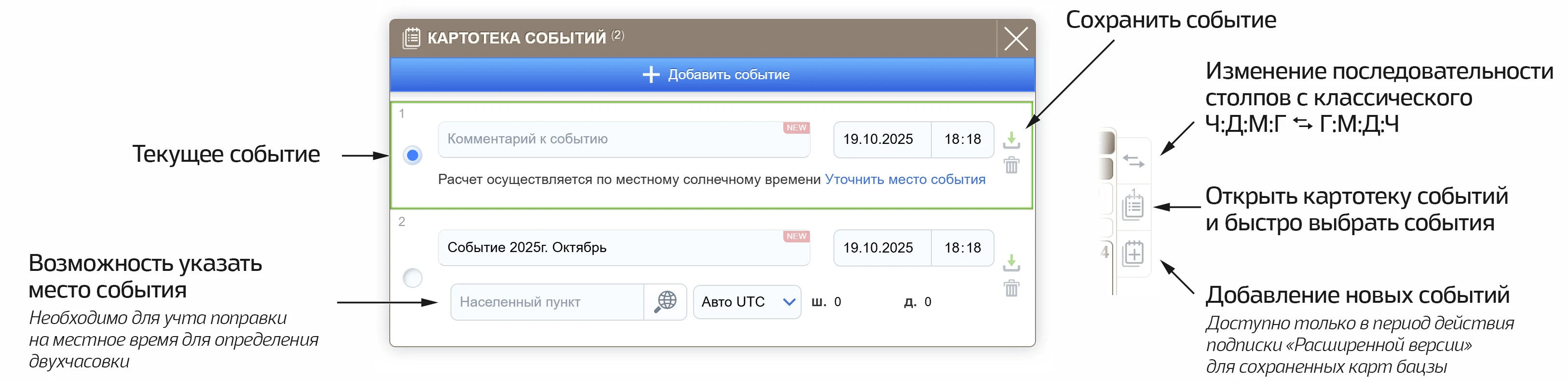 Создание и управление текущими событиями в карте Бацзы, с четом местного солнечного времени