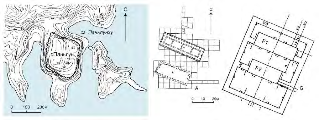 Город Паньлун в провинции Хубэй и план дворца города Паньлун. А &ndash; план археологических находок; Б &ndash; реконструкция.